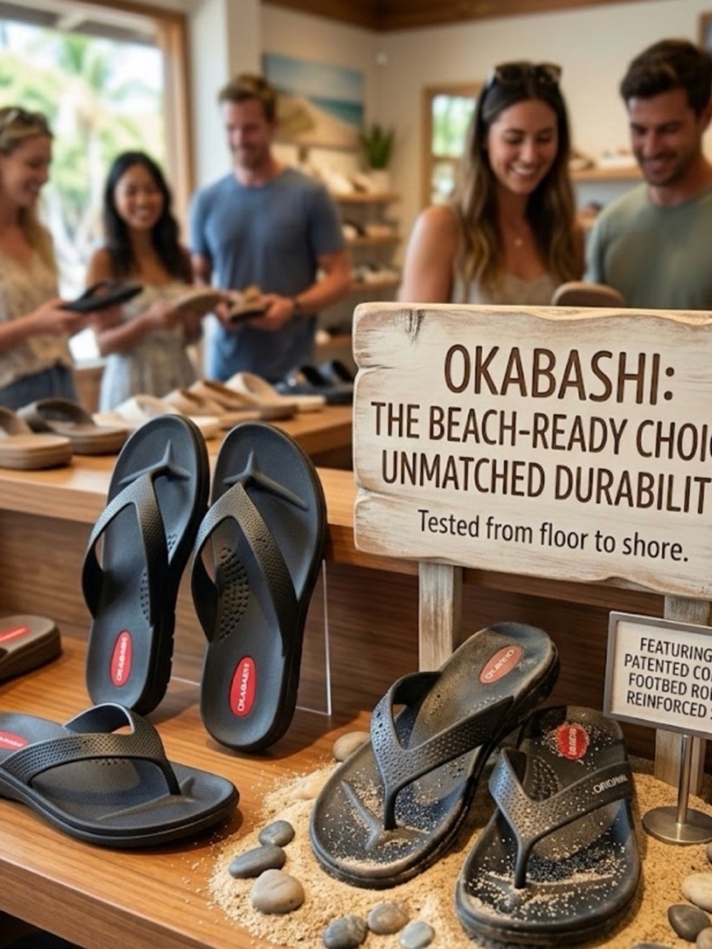 Okabashi Black Flip Flop Sandals with Red Logo Accents